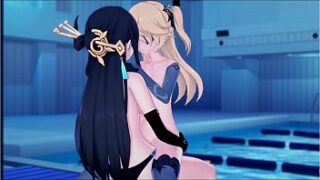 Genshin Impact – Lesbians go at it with a big strap on dildo. Hentai.